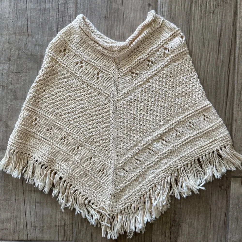 Empress Baby Organic Cotton Hand Knit Poncho Cream Fringe Pointelle 9-12 Months